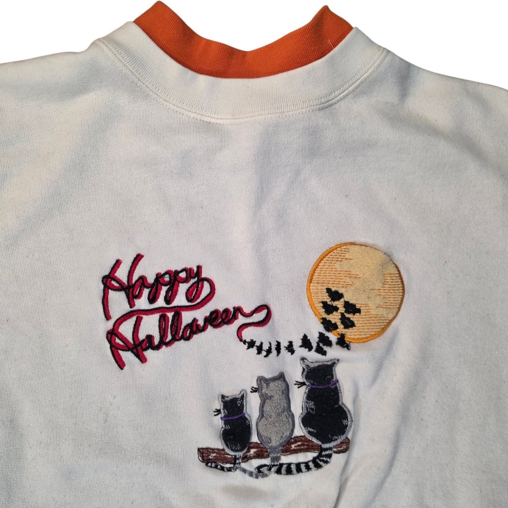 Vintage 90s Lauren Brooke Happy Halloween Cats Embroidered Sweatshirt White Sm
